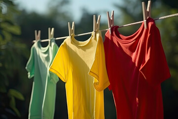 Colorful t-shirts on a clothesline with clothespins - yellow, blue, red