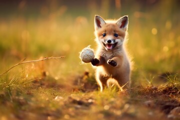 Naklejka na ściany i meble Adorable red fox kit playing with a toy