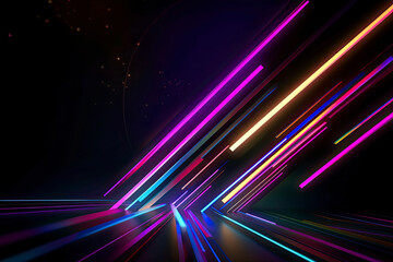Fototapeta na wymiar Dark abstract space with colorful geometric strips of light.