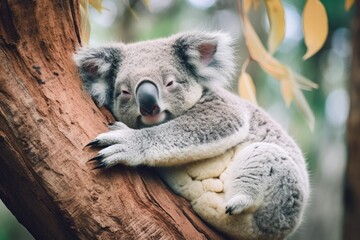 Fototapeta premium Cute koala napping in a tree with its arms spread wide