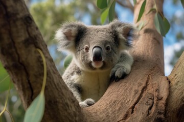 Fototapeta premium Cute koala napping in a tree with its arms spread wide