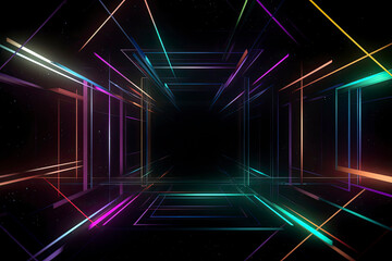 Dark abstract space with colorful geometric strips of light.