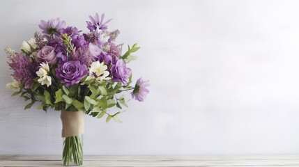 Purple and green flowers bouquet is in front of a white wooden wall with copy space, generative ai beautiful art