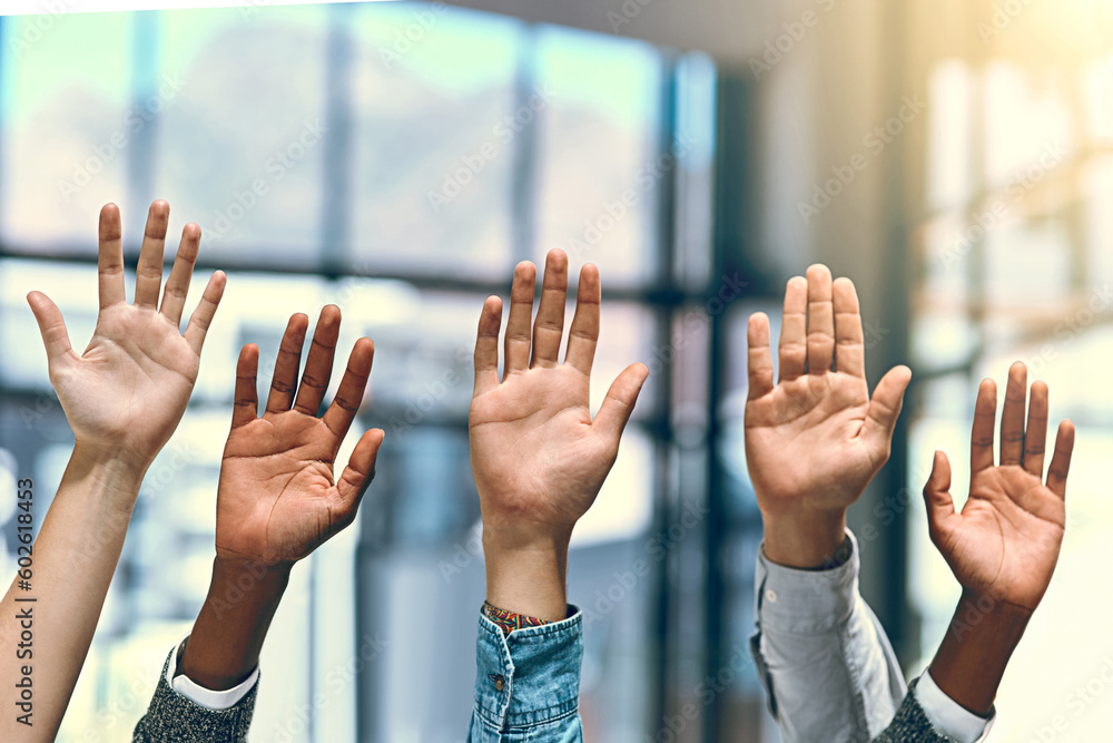 Poster group, hands palm and diversity people in a office meeting with question at work. collaboration, tea