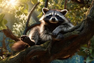 Obraz premium Chubby raccoon lounging on a tree branch