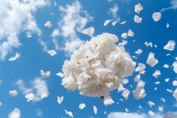하얀 꽃잎이 흩날리는 하늘 배경. 인공지능 생성 - obrazy, fototapety, plakaty