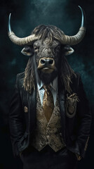 Fototapeta premium Wild Yak dressed in an elegant and modern suit with a nice tie. Fashion portrait of an anthropomorphic animal, bull, bison, shooted in a charismatic human attitude - Generative AI