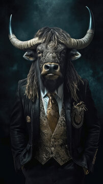 Wild Yak dressed in an elegant and modern suit with a nice tie. Fashion portrait of an anthropomorphic animal, bull, bison, shooted in a charismatic human attitude - Generative AI