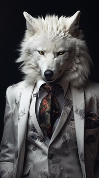 White wolf dressed in an elegant and modern suit with a nice tie. Fashion portrait of an anthropomorphic animal, shooted in a charismatic human attitude - Generative AI