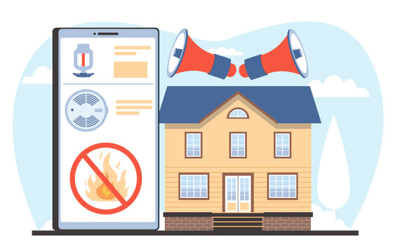 Home fire alarm, smoke detector, safety system. Smart house with electronic property protect device. Flame sensors, online equipment. Smartphone app cartoon flat isolated vector concept