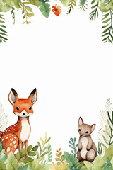 White background with simple leaves in corner with cute forest animals watercolor style. AI generative