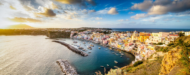 beautiful italian island procida famous for its colorful marina, tiny narrow streets and many...