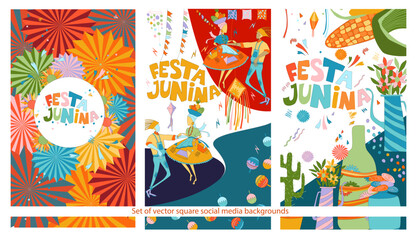 Set of vector illustrations on the theme of the Brazilian carnival for social networks. Set of square vector illustrations for social media with dancing couple in carnival costume