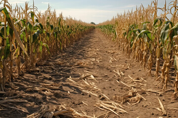 Drought in cultivated corn maize crop field