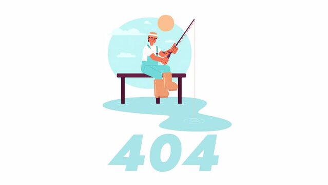 Morning fishing 404 error animation. Animated fisherman with spinning. Empty state 4K video concept footage with alpha channel transparency. Colorful page not found flash message for UI, UX web design
