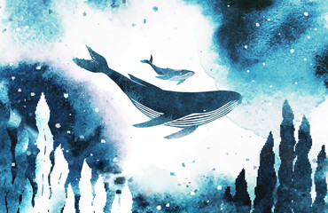 Watercolor humpback whale with baby. Vector silhouette of a big whales and sea plants under the sea. All elements, textures are individual objects