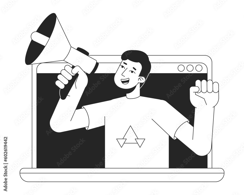 Aufkleber online advertising bw concept vector spot illustration. man with loudspeaker in laptop 2d cartoon fl