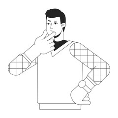 Thoughtful manager wearing v neck sweater vest flat line black white vector character. Editable outline half body person. Thinking male simple cartoon isolated spot illustration for web graphic design