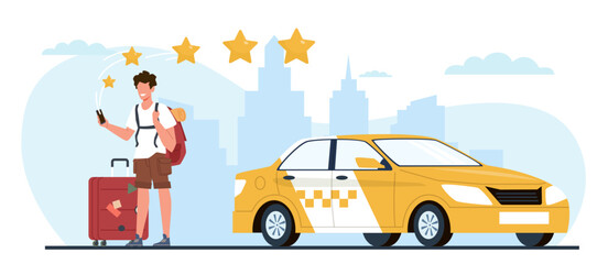 Joyful fellow passenger rates taxi five stars using smartphone app. Customer feedback, urban yellow transport. Man with smartphone on city landscape, cartoon flat isolated vector concept