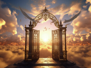A depiction of the pearly gates of heaven open with the bright side of heaven contrasting with the duller foreground  - obrazy, fototapety, plakaty
