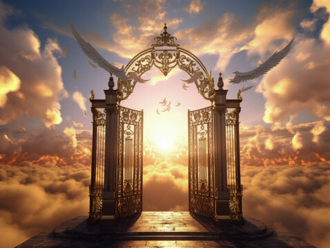 A depiction of the pearly gates of heaven open with the bright side of heaven contrasting with the duller foreground 