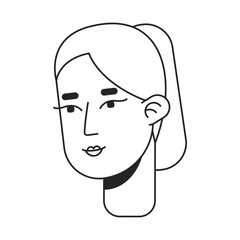 Blonde young girl with ponytail monochrome flat linear character head. Pretty woman smiling. Editable outline hand drawn human face icon. 2D cartoon spot vector avatar illustration for animation