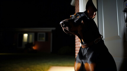 A Doberman guard dog protecting its owner's home on a dark and eerie night. Generative AI