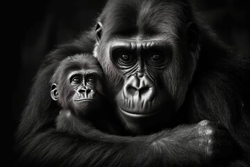 Gorilla mother cuddling her baby