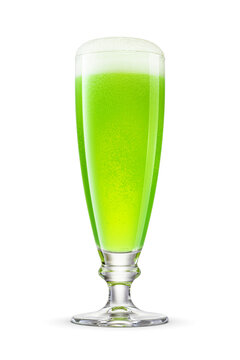 Flute glass of fresh delicious green beer with cap of foam isolated. Fruit beer cocktail. Transparent PNG image.