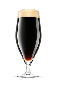 Stemmed glass of fresh dark stout beer with cap of foam isolated. Transparent PNG image.