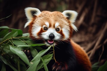 Red panda snacking on bamboo