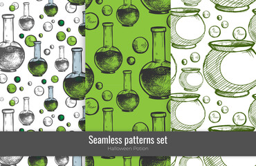 Vector seamless patterns set of poison flasks, witches cauldrons. Bubbling hot potion. Halloween celebration hand drawn outline festive elements. Holiday childish print layout design. Cute art sketch