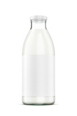 Glass bottle of milk isolated. Twist off metal screw cap, empty clean label. 3D rendering. Transparent PNG image.