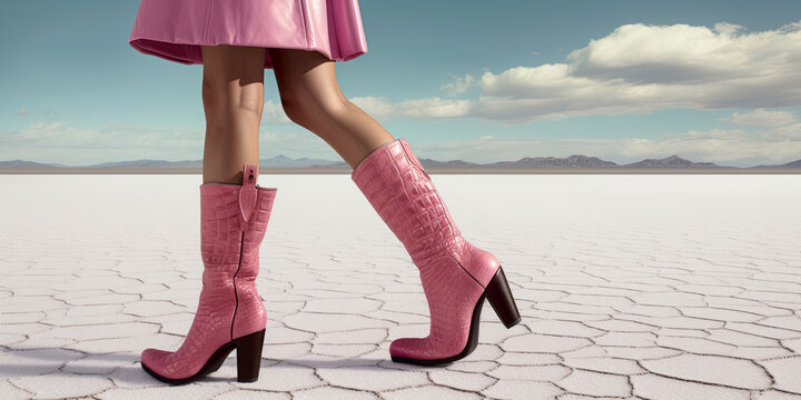 Sexy woman wearing pink cowboy boots made of alligator leather in the desert. Ai Generative image