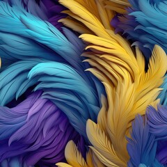 Very Detailed Feathers Pastel Yellow Blue Purple Tones Tile Seamless Background. Generative AI