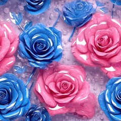 Pink Blue Rose Flowers Glitter White Background Tile Seamless Background. Generative AI