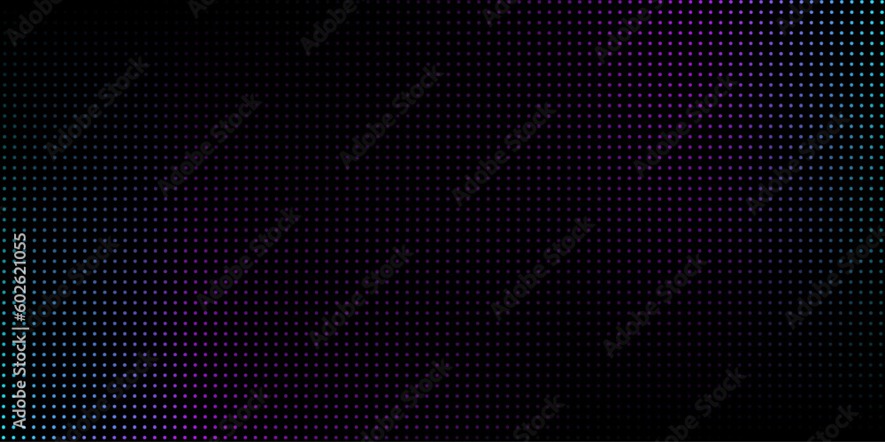 Poster Flowing dot particles wave pattern blue and violet gradient light isolated on black background. Vector in concept of AI technology, science, music.