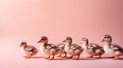 Ducklings in a Row on Pastel Pink Studio Background
