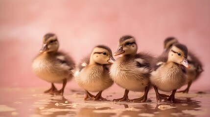 Ducklings in a Row on Pastel Pink Studio Background