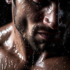 portrait of an attractive man's face in the rain. generative ai.