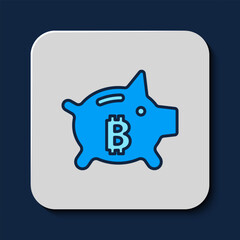 Filled outline Piggy bank bitcoin icon isolated on blue background. Icon saving or accumulation of money, investment. Vector