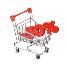 Tiny red colored shopping cart and fifty percent discount text isolated. 3D rendering. Transparent...