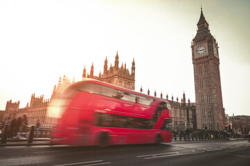 Fototapeta na wymiar London Red Bus with Big Ben in the background.