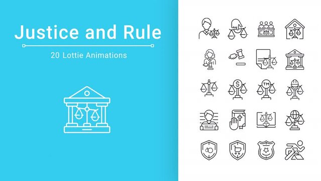 Justice and rule icons animation. Animated line legal system. Government regulation. Court law. Human right. Loop HD video with alpha channel, transparent background. Outline motion graphic