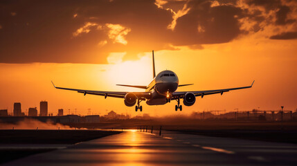 Naklejka na ściany i meble Airplane landing on runway at sunset. Passenger plane taking off from runway. Generated AI