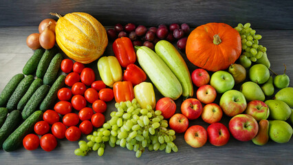 many different fruit and vegetables, green grocery shop, healthy fresh colored fruits and vegetables background delivery