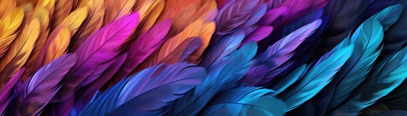Very Detailed Feathers Pastel Black Tones Panoramic Banner. Generative AI