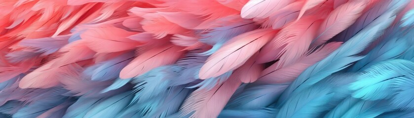 Very Detailed Feathers Pastel Red White Blue Tones Panoramic Banner. Generative AI