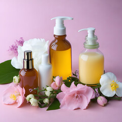 Obraz na płótnie Canvas Photo of natural cosmetics with flowes, serum, cream, liquid soap, handmade cosmetics