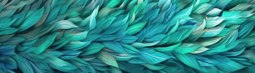 Very Detailed Feathers Pastel Teal Tones Panoramic Banner. Generative AI